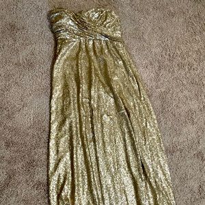 Revelry Gold sequin strapless bridesmaid gown